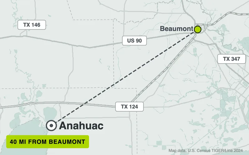 Map from Beaumont to Anahuac, Texas, 40 road miles