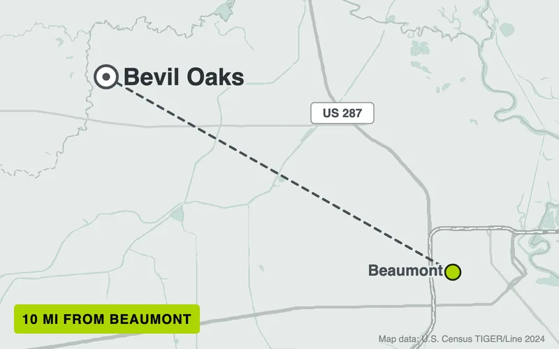 Map from Beaumont to Bevil Oaks, Texas, 10 road miles