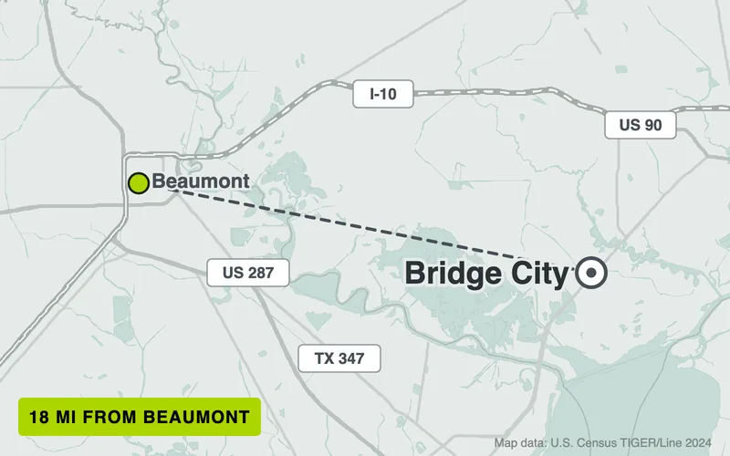 Map from Beaumont to Bridge City, Texas, 18 road miles