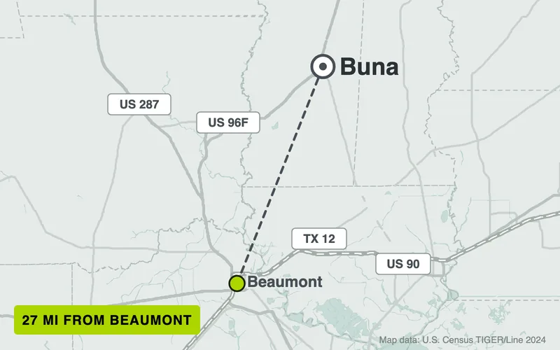 Map from Beaumont to Buna, Texas, 27 road miles