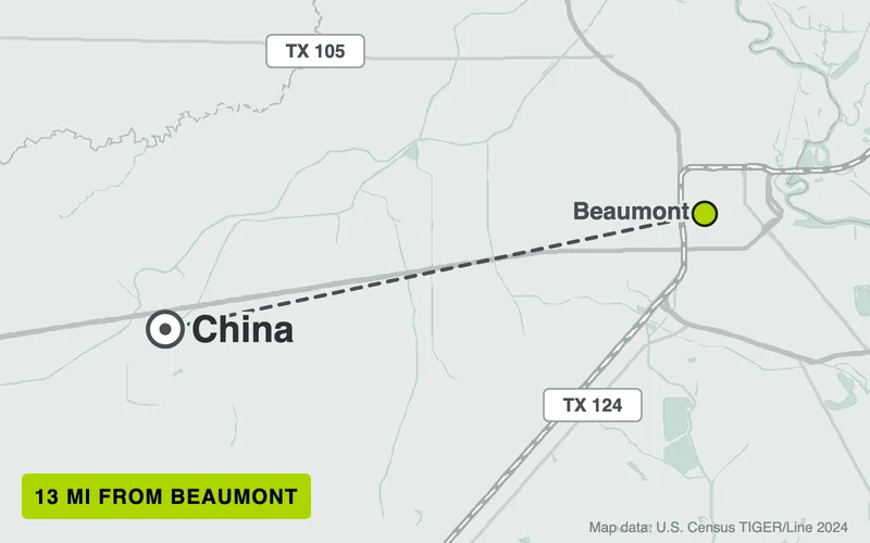 Map from Beaumont to China, Texas, 13 road miles