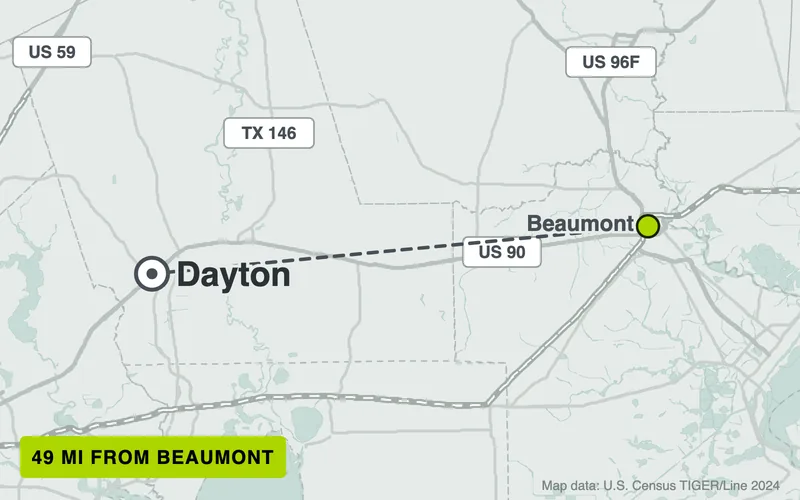 Map from Beaumont to Dayton, Texas, 49 road miles