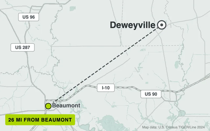 Map from Beaumont to Deweyville, Texas, 26 road miles