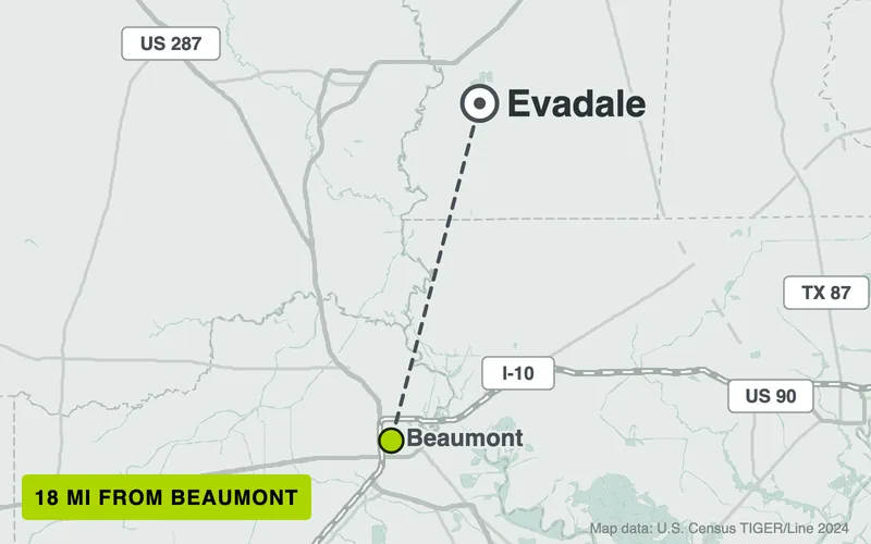 Map from Beaumont to Evadale, Texas, 18 road miles
