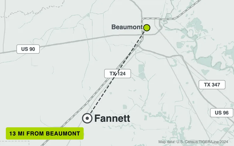 Map from Beaumont to Fannett, Texas, 13 road miles