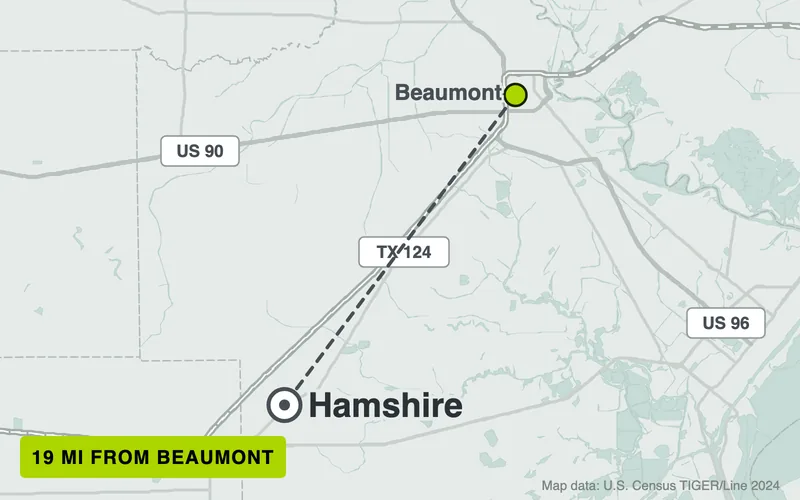Map from Beaumont to Hamshire, Texas, 19 road miles