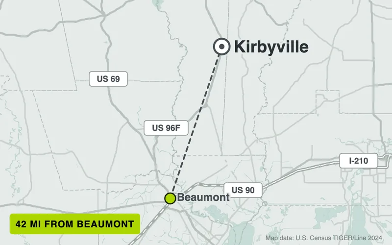 Map from Beaumont to Kirbyville, Texas, 42 road miles
