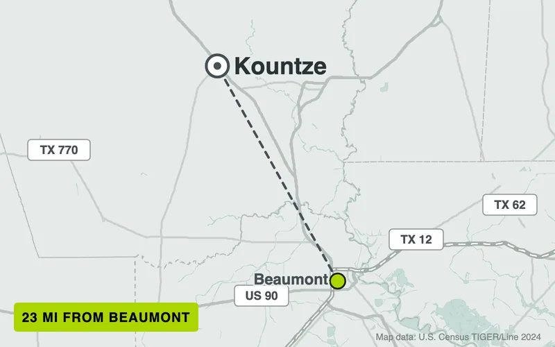 Map from Beaumont to Kountze, Texas, 23 road miles