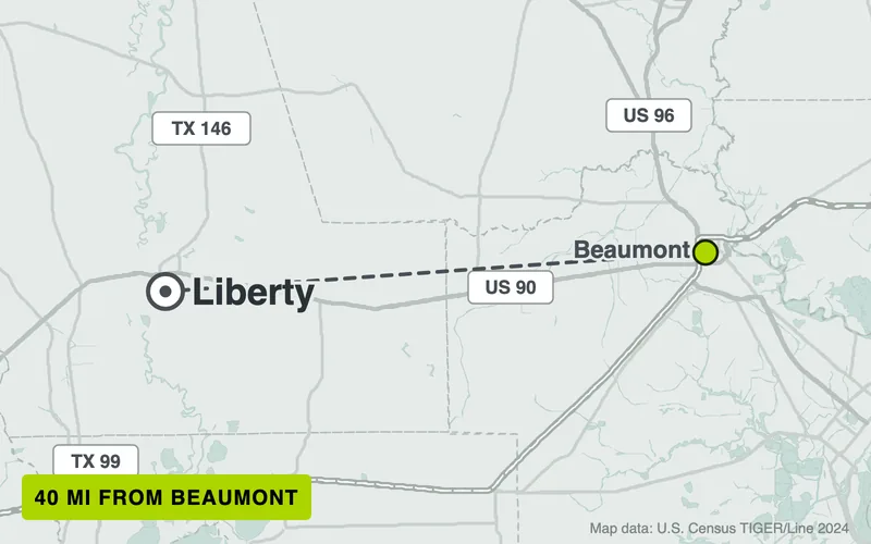 Map from Beaumont to Liberty, Texas, 40 road miles