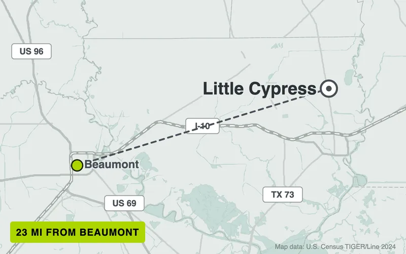 Map from Beaumont to Little Cypress, Texas, 23 road miles