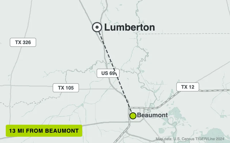 Map from Beaumont to Lumberton, Texas, 13 road miles