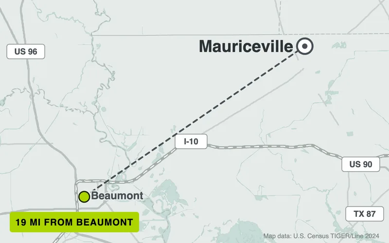 Map from Beaumont to Mauriceville, Texas, 19 road miles