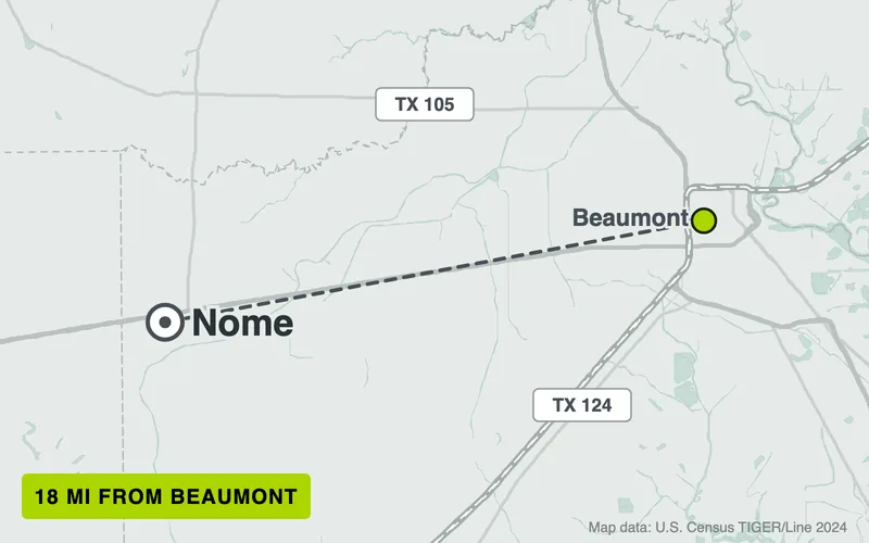 Map from Beaumont to Nome, Texas, 18 road miles