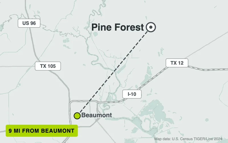 Map from Beaumont to Pine Forest, Texas, 9 road miles