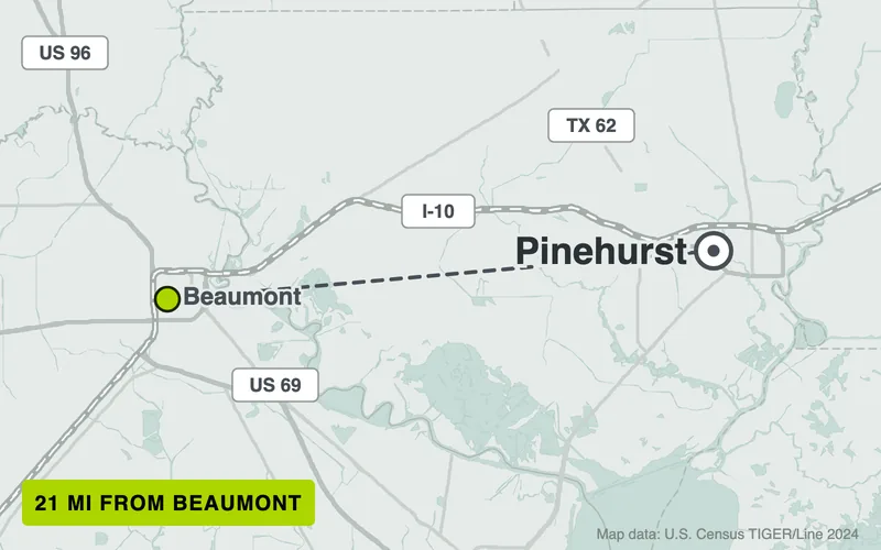 Map from Beaumont to Pinehurst, Texas, 21 road miles
