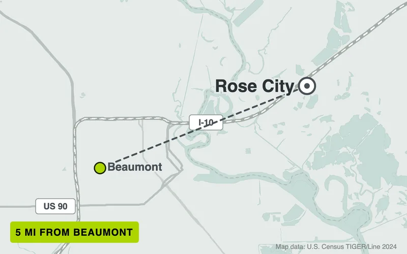 Map from Beaumont to Rose City, Texas, 5 road miles