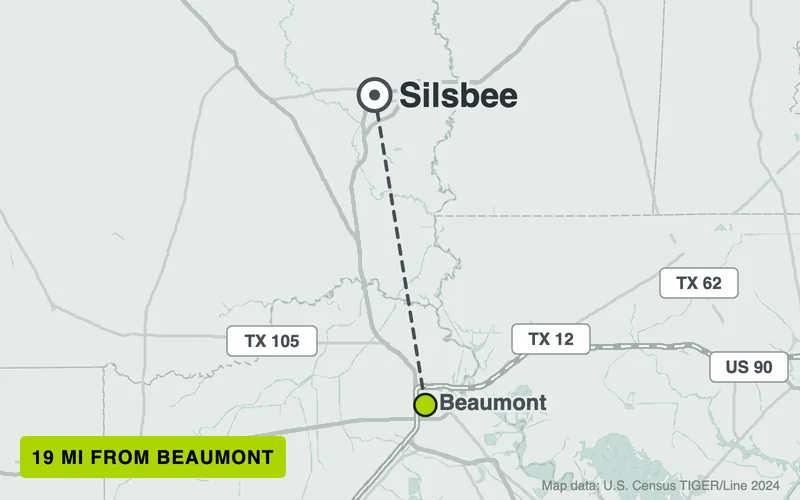 Map from Beaumont to Silsbee, Texas, 19 road miles