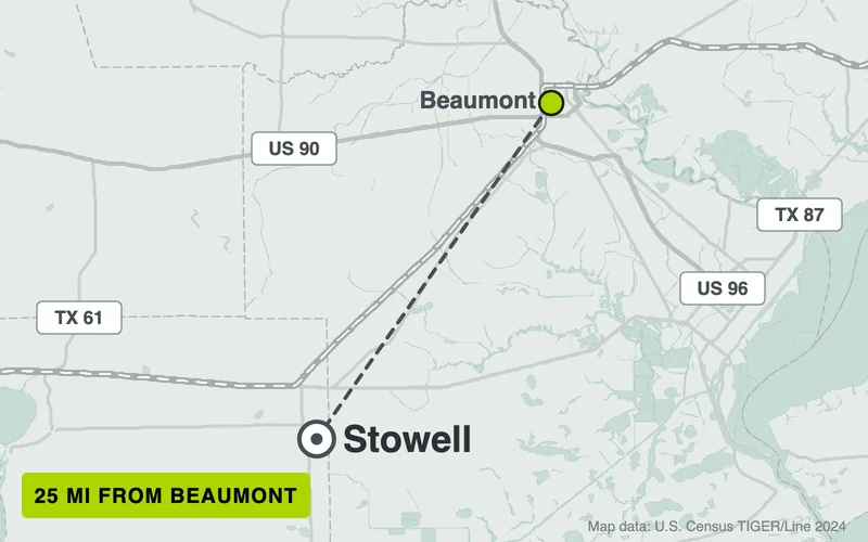 Map from Beaumont to Stowell, Texas, 25 road miles