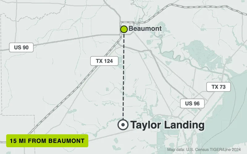 Map from Beaumont to Taylor Landing, Texas, 15 road miles