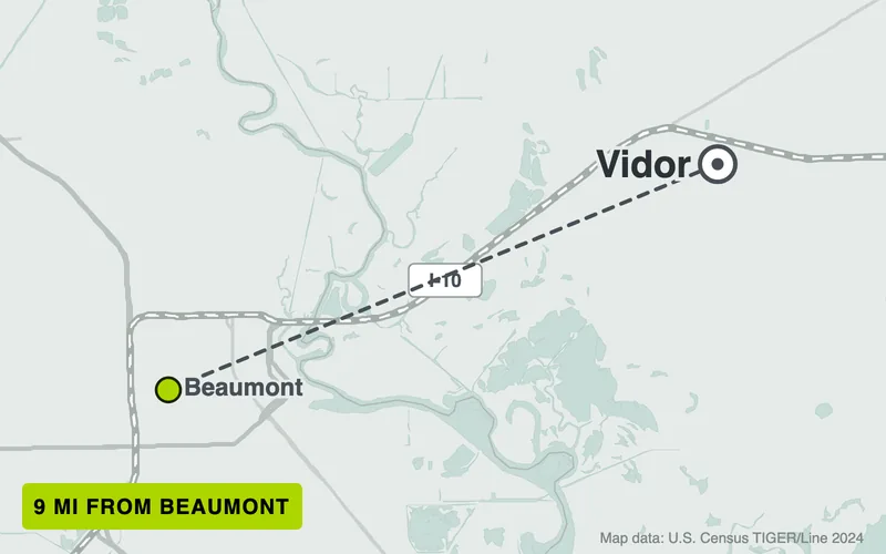 Map from Beaumont to Vidor, Texas, 9 road miles