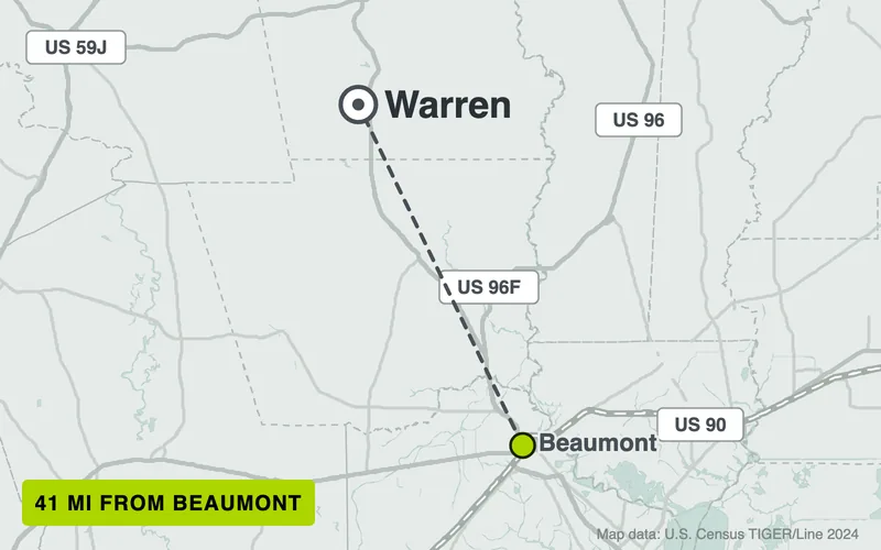 Map from Beaumont to Warren, Texas, 41 road miles