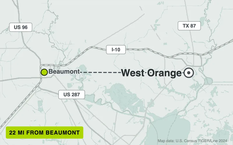 Map from Beaumont to West Orange, Texas, 22 road miles