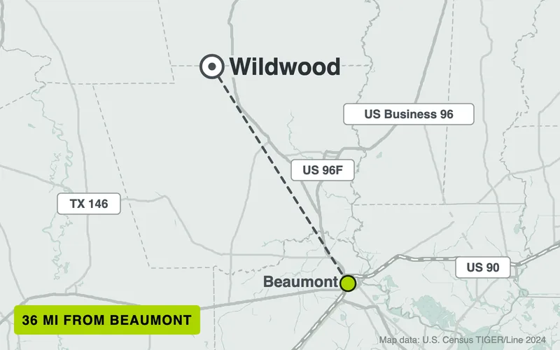 Map from Beaumont to Wildwood, Texas, 36 road miles