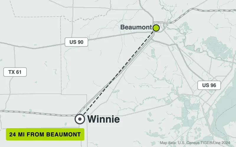 Map from Beaumont to Winnie, Texas, 24 road miles